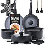 Ensemble de casseroles et poêles Ammeloo de 18 pièces en céramique antiadhésive, ensemble de cuisine non toxique avec poignées amovibles, ensembles de casseroles pour la cuisson, prêt pour induction, lavable au lave-vaisselle et au four, sans PFAS, PFOA et PTFE (bleu marine)
