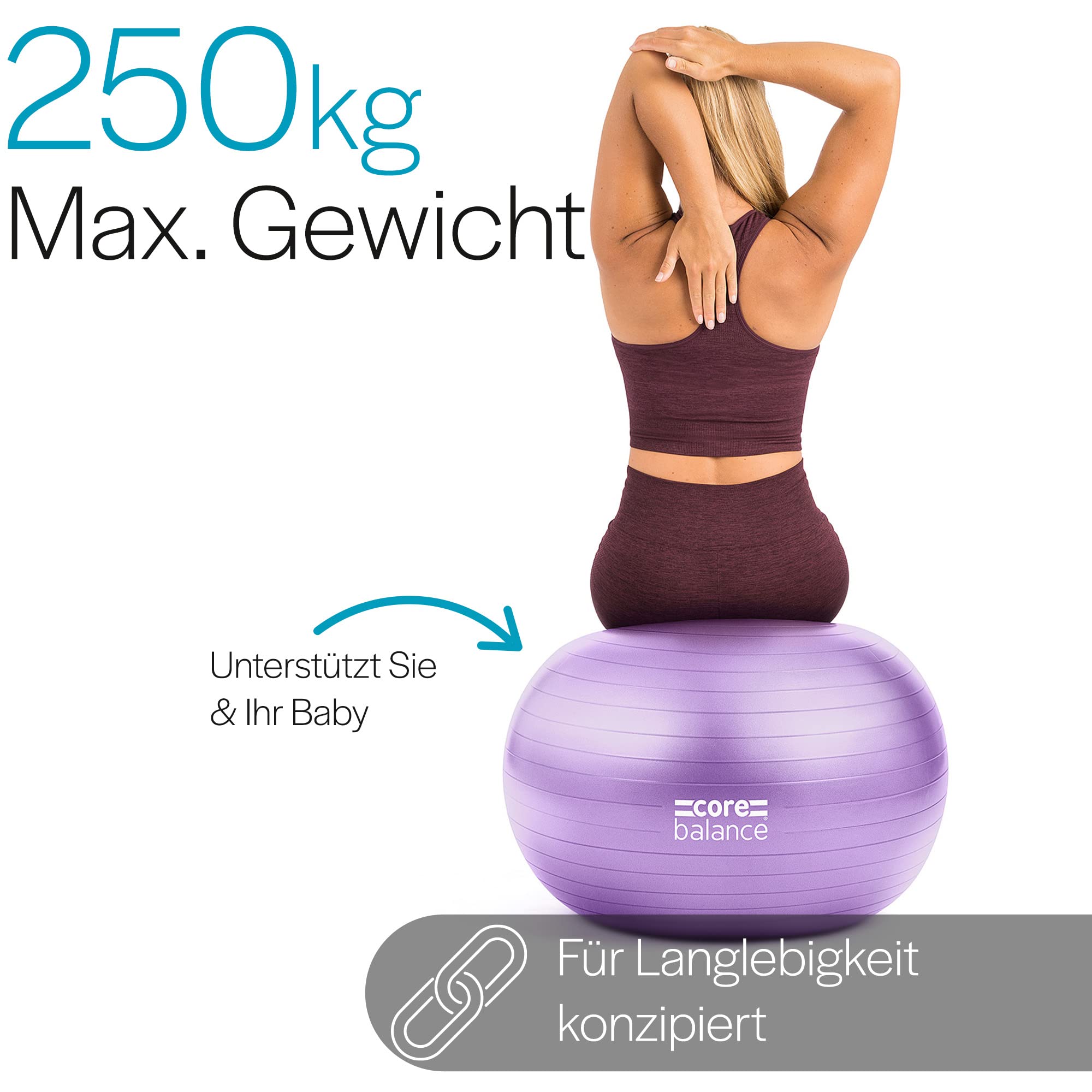 Core Balance Gymnastikball Schwangerschaft – Gymnastikball Groß und Berstsicher für Schwangerschaftsgymnastik – Fitball mit Luftpumpe (Lila)