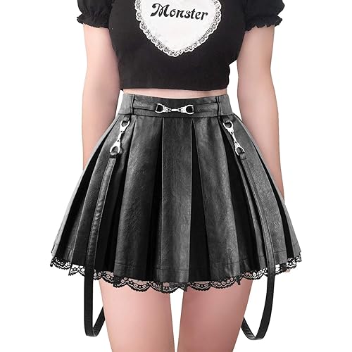 Littleforbig Women's A-Line Pleated Faux Leather Flared Casual Lace Trim Mini Skirts - Troublemaker - Small - Black