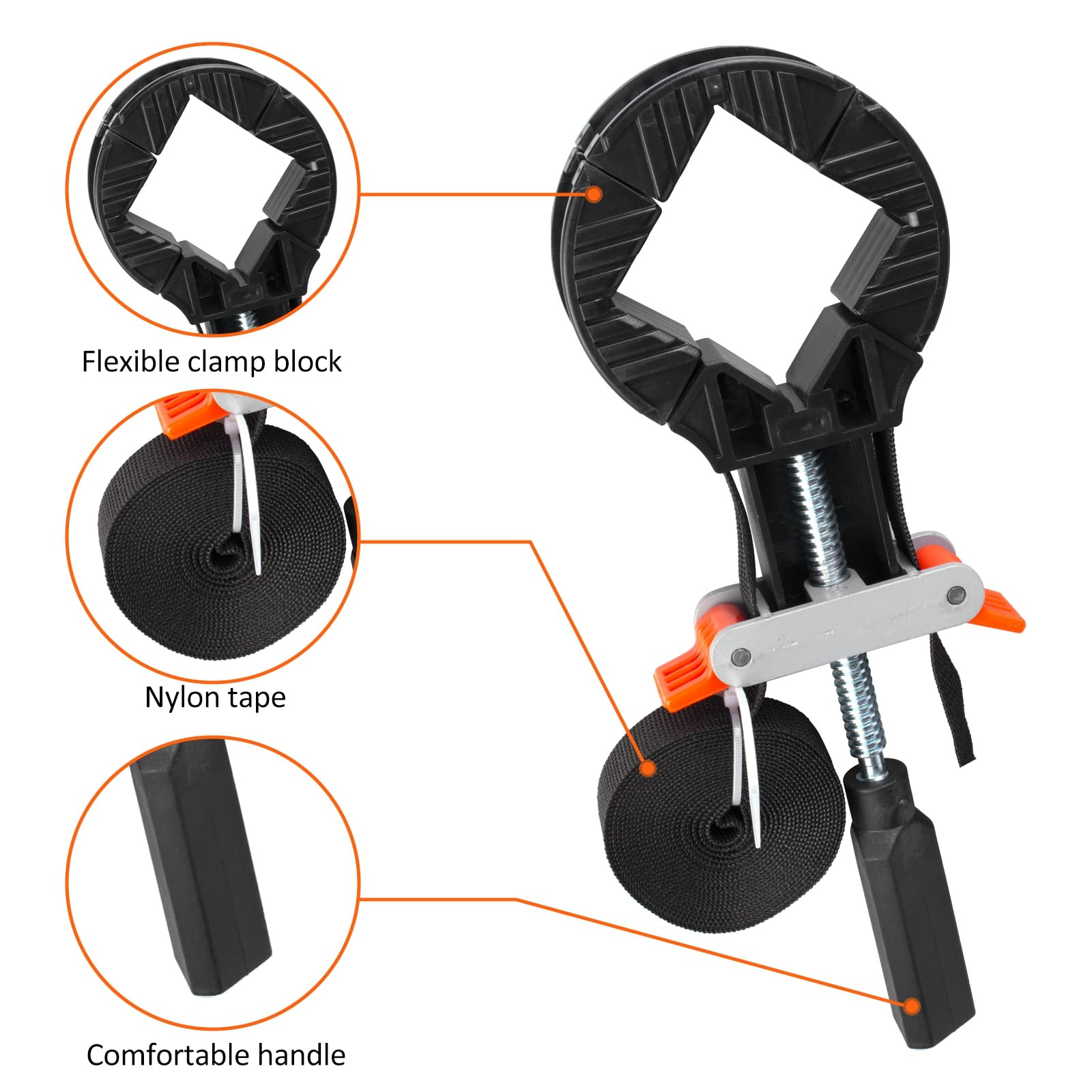 Tendeur de cadre Pince de cadre Outil à une main : tendeur de bande Cadre Cadre Jig, Serre-cadre avec 4 mâchoires de serrage et sangle en nylon de 4 mètres - Pour coller et visser cadres de planches