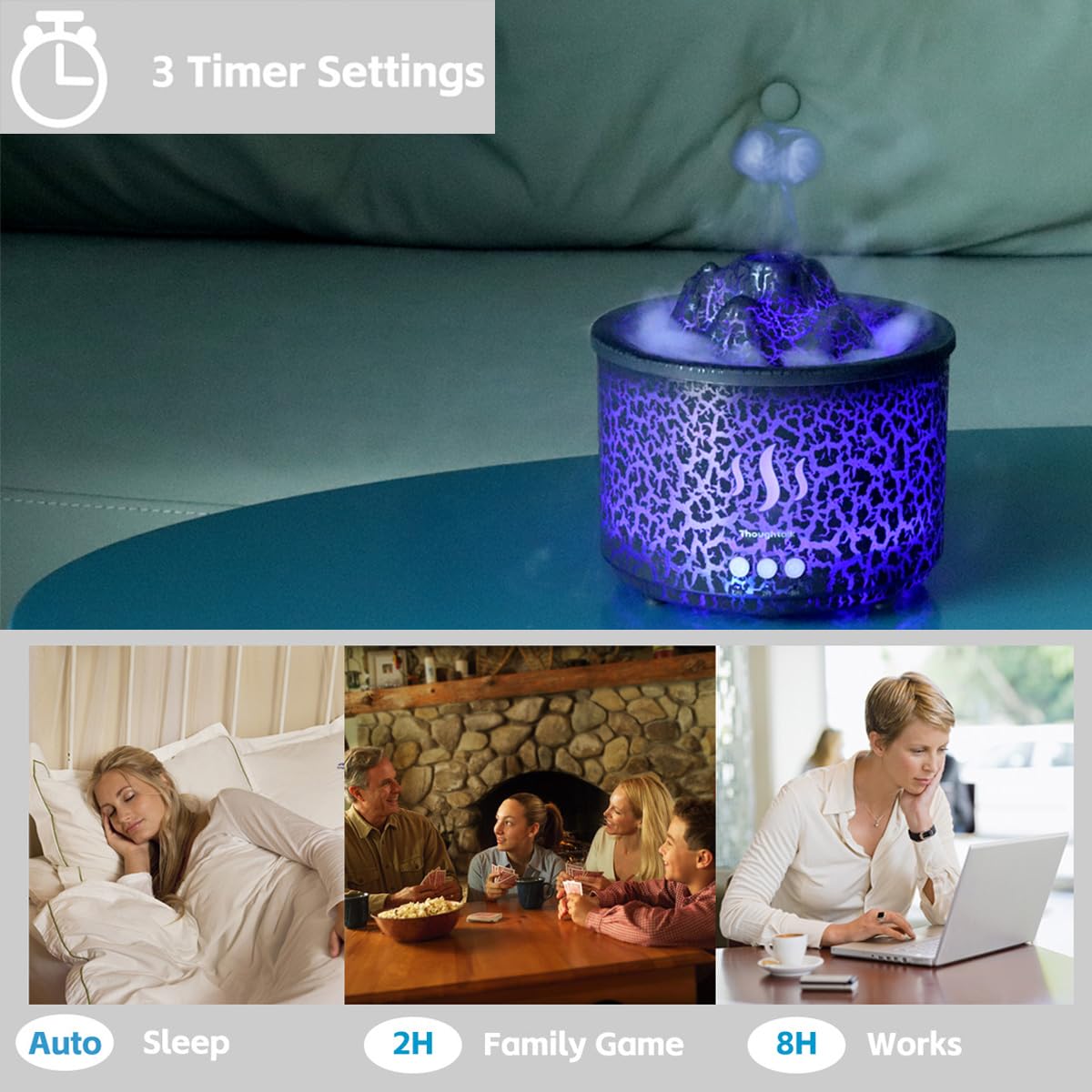 Luz nocturna 3 en 1 de 260 ml, humidificador y difusor de aceites esenciales para dormitorio, oficina, gimnasio, colección de hotel, 3 modos de luz, 2/8H, llama de atomización y modos