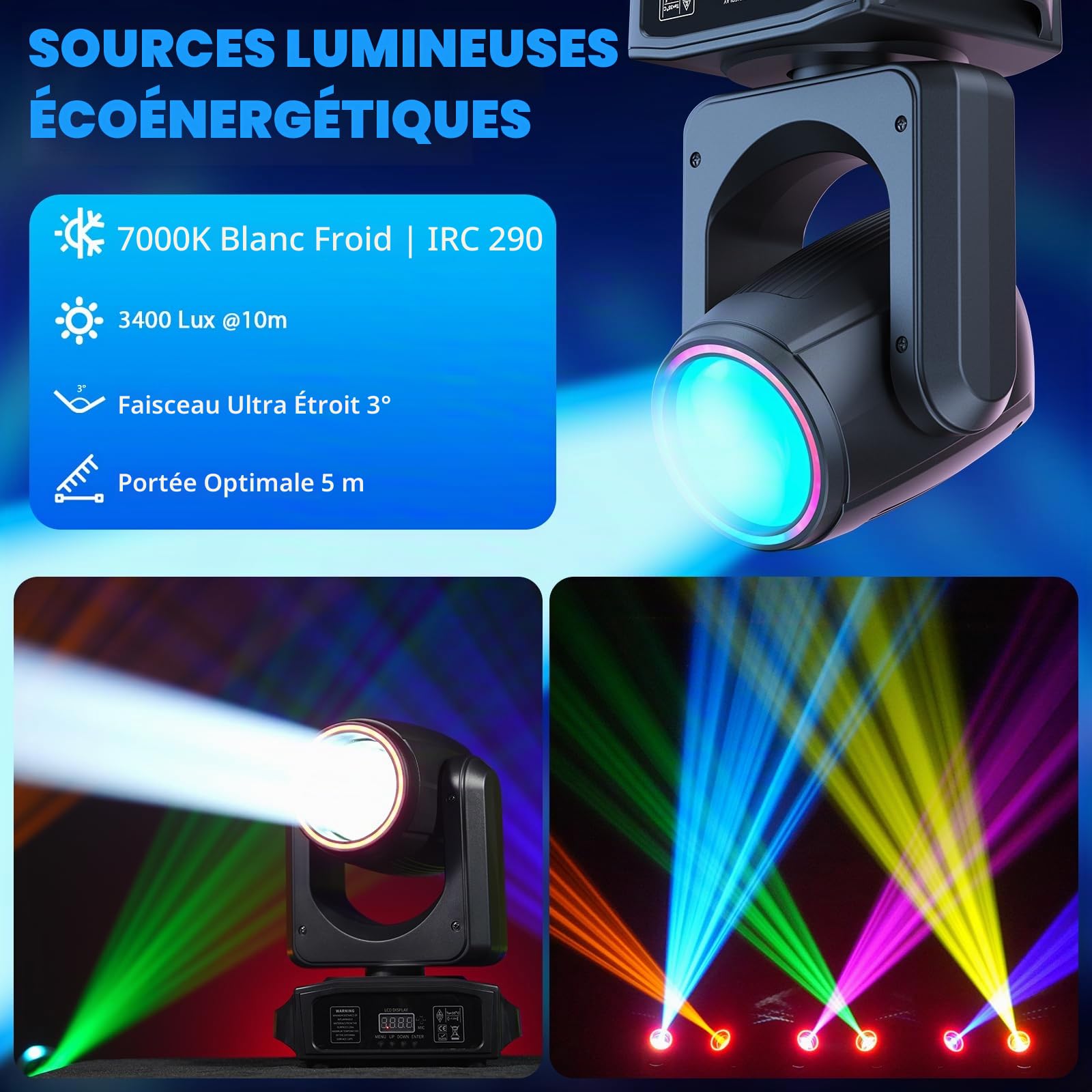 150W Lyre LED Éclairage de Scène Projecteur DJ Lumière Soirée avec 8 contrôleurs Gobo 18 prismes DMX512 pour scène, discothèque, fête, mariage, Noël, Halloween