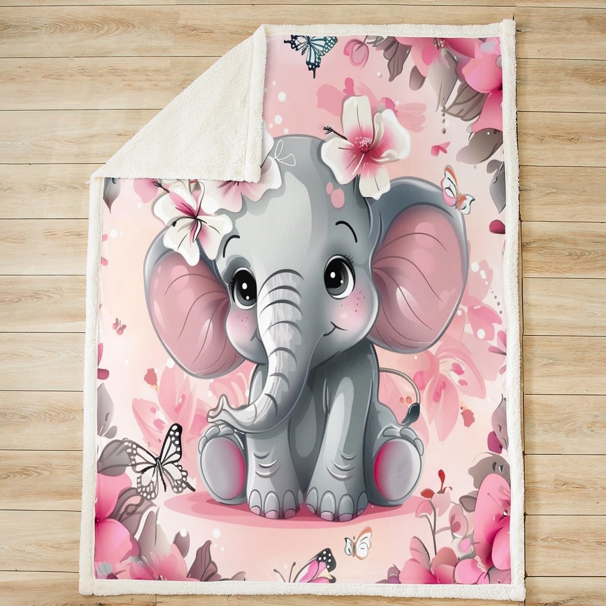 Pink Elephant Bed Blanket Kids Girls Watercolor Marble Sherpa Blanket Soft Cozy Lightweight Butterfly Rose Plush Fleece Wild Animals Blanket Gifts for Bed Chair Office Sofa(Throw 50"x60")