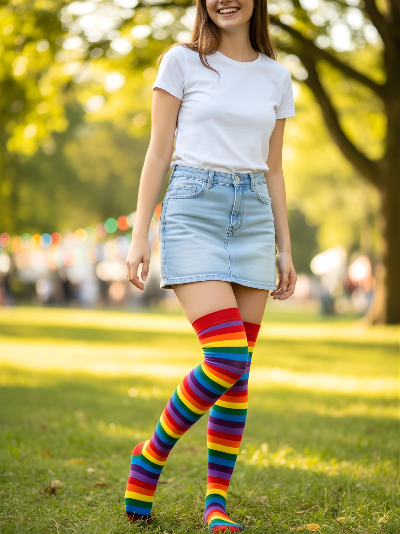 Xs and Os Women's Rainbow Socks Striped Over The Knee High Socks (Rainbow, Free Size, Cotton Lycra) 2