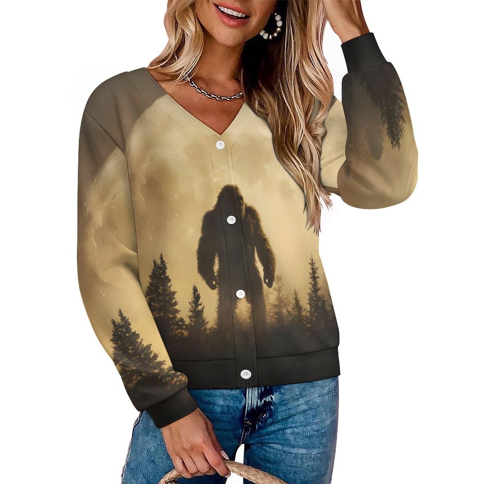 Bigfoot Sasquatch and Moon Womens V-Neck Cardigan Sweater Button Down Long Sleeve Tops for Fall Winter