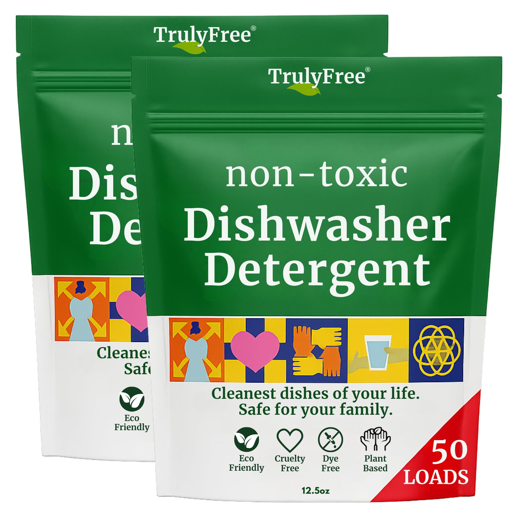 Truly Free Dishwasher Detergent Powder | Natural Dish Detergent, Dishwasher Soap | Plastic Free, Plant-Based, Clean, Heavy Duty Hard Water Stain & Grease Remover | Fragrance Free | 12.5 oz (Pack of 2)
