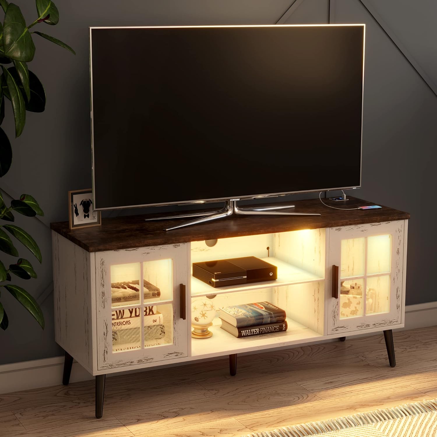 LVSOMT Modern LED TV Stand with Storage, Entertainment Center Cabinet for Living Room, Media Console with 3 Color Lighting (Wood White)