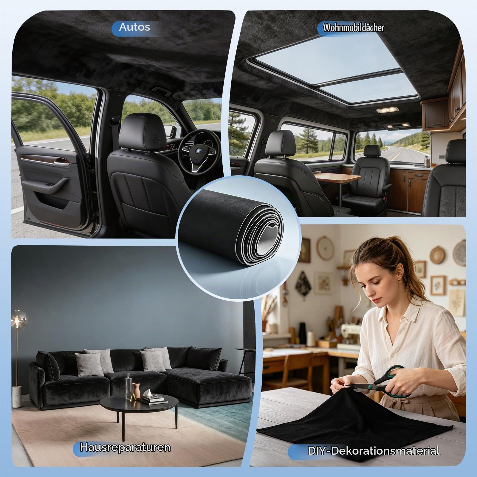Dachhimmel Stoff Wildleder 244x152cm, 4mm Verdickter Autohimmelstoff mit Schaumrückseite, Schalldämmend Kratzfest Wildlederoptik Stoff für Auto Wohnmobil Boot Innenrenovierung, Schwarz