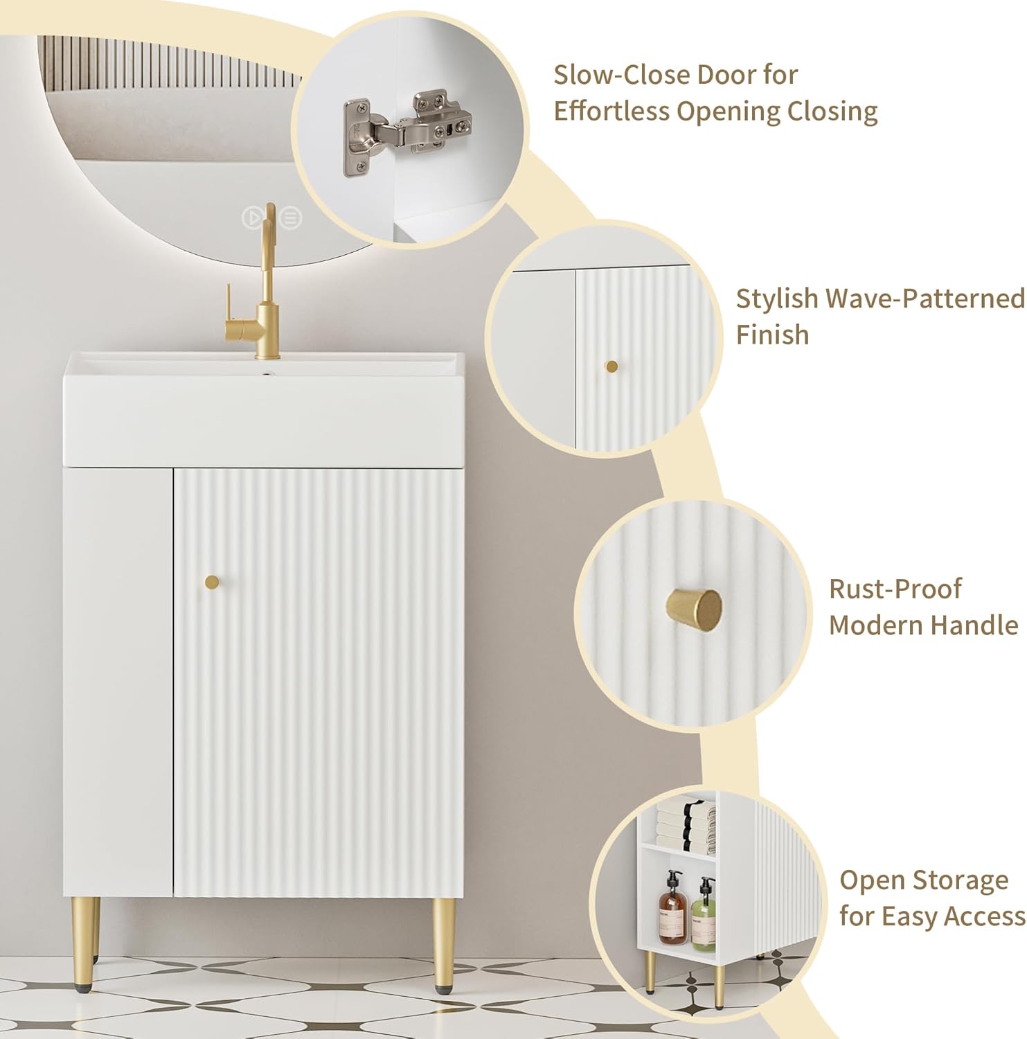 Harper & Bright Designs 21.6 Inch Bathroom Vanity with Sink, Narrow Depth Bathroom Vanities, Wood Vanity Cabinet, Soft Closing Door, Freestanding Sink Cabinet W/Open Left Side Shelves, White