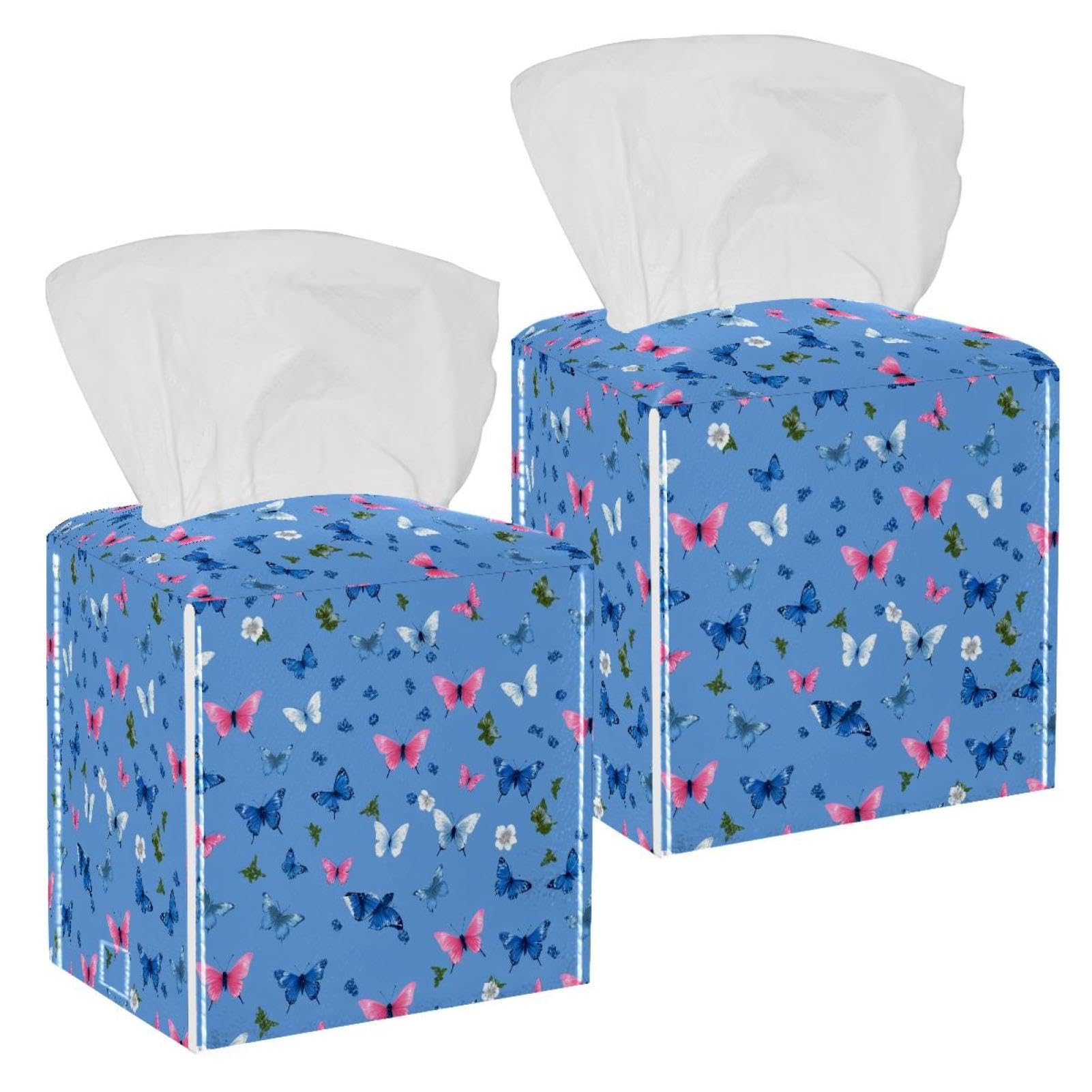 Aesthetic Butterfly Tissue Box Cover, 2 Pack PU Leather Square Facial Tissue Dispenser Box holder for Home Office Car