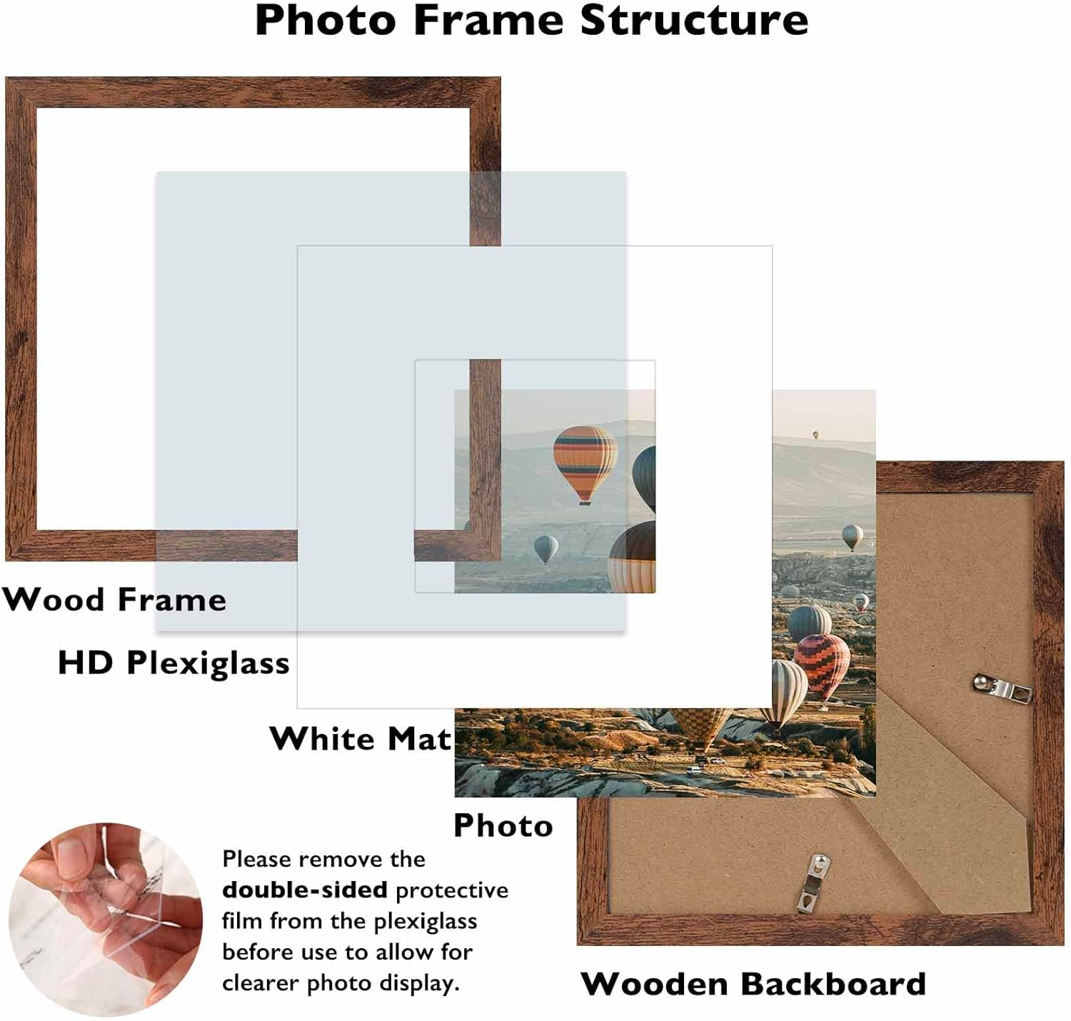 JCJMY 8x8 Picture Frame Set of 6 for Wall Hanging or Tabletop, Display 4 x 4 with Mat or 8 x 8 without Mat, Wood Square Photo Frames Bulk, 6 Pack, Deep Brown