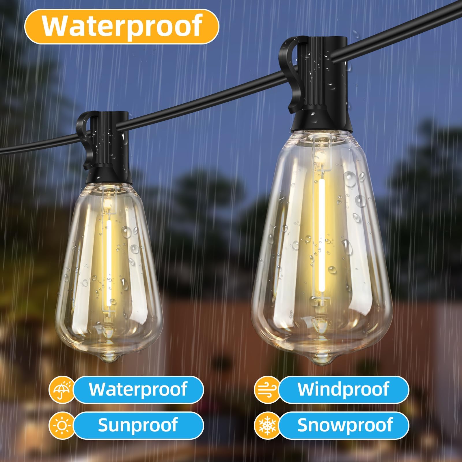 Cadena de luces LED para exteriores de 50 pies con 25 + 2 bombillas de repuesto, casquillo E12, blanco cálido de 2700 K, para patio, boda, camping, porche, cubierta, cenador