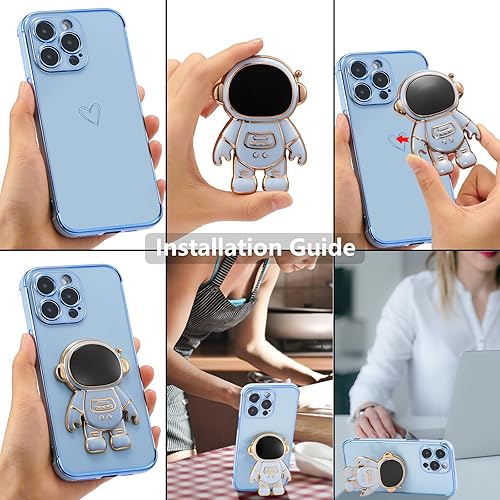 Miniatura 6 de RALEAVO Funda para iPhone 15 Pro Max, bonita funda de teléfono de astronauta 6D con soporte, cubierta de lujo enchapado en lujo, ajuste delgado, a