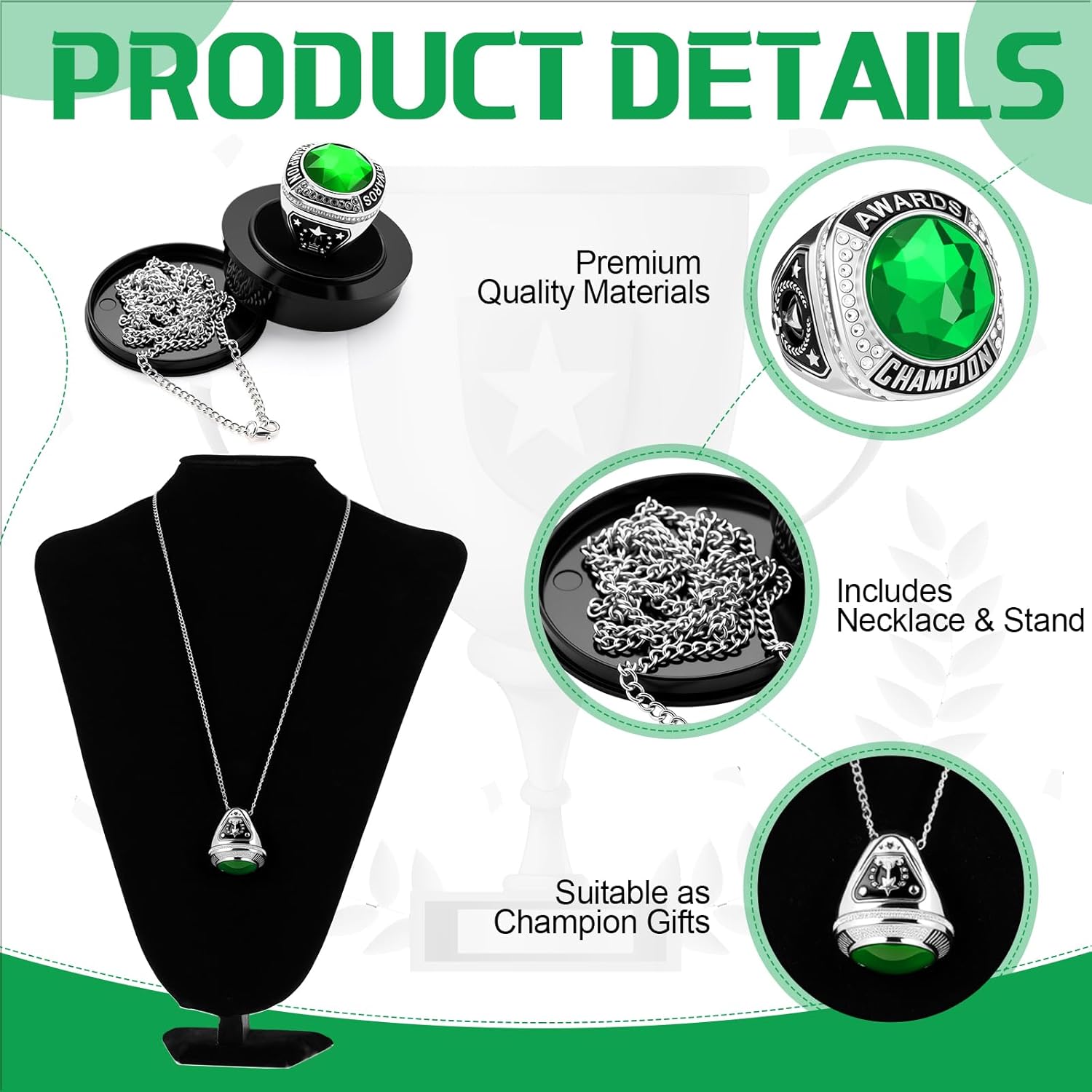 Landical 10 Pcs Championship Trophy Rings Bulk MVP Winner Youth Award Gift with Neck Chains and Display Stand for Basketball Baseball Football Volleyball Softball