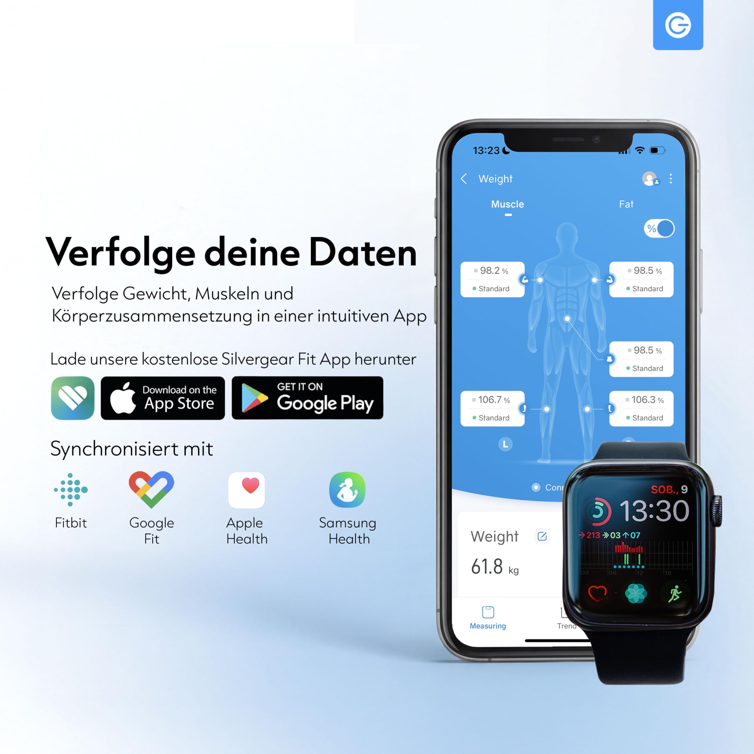 Silvergear® Körperfettwaage | Personenwaage Digital | Bluetooth Körperfettwaage mit App | Smart Waage für Körperanalyse, Muskelmasse & BMI | 27x27cm | Blau