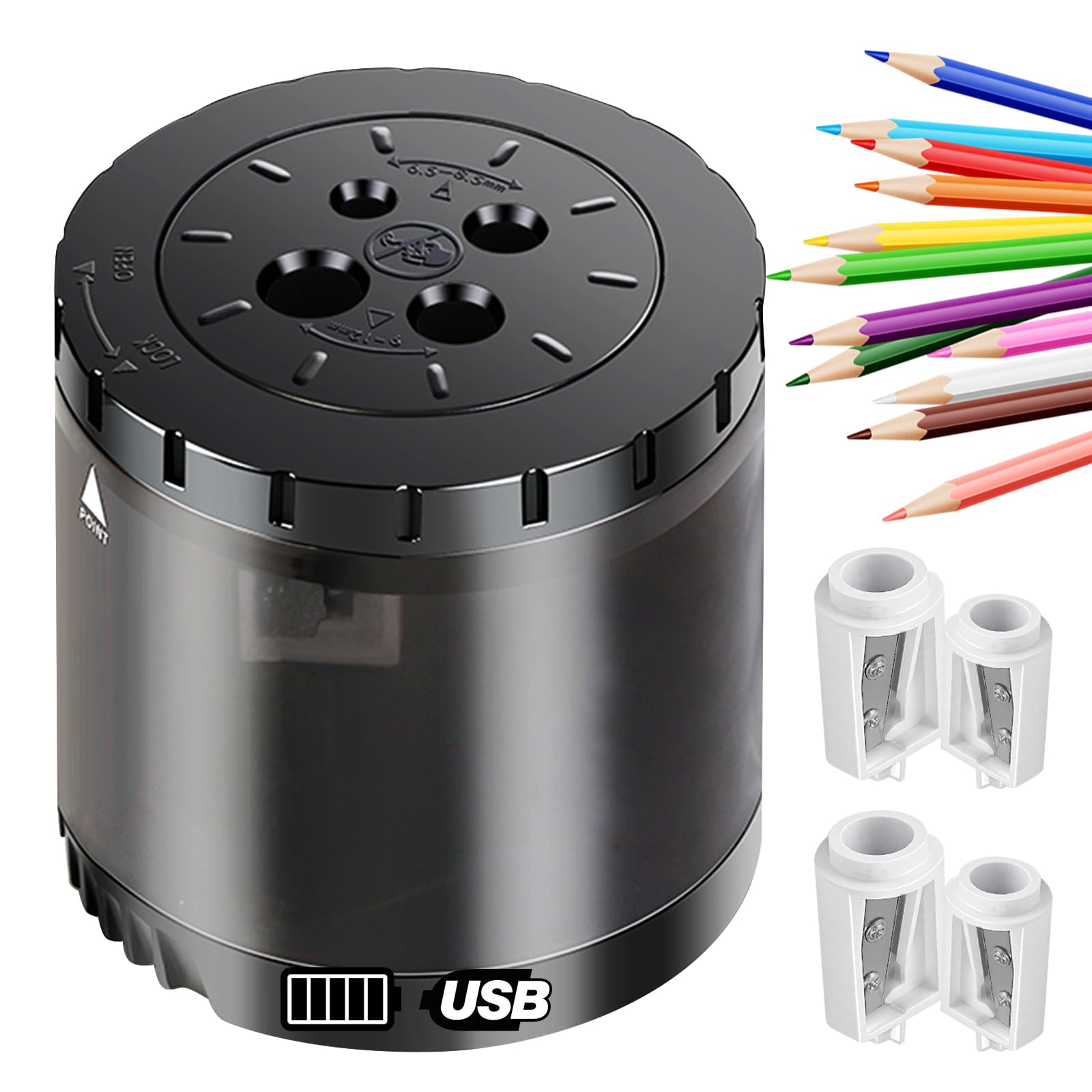 Taille-crayon électrique robuste USB et alimentation par batterie, 4 lames de rechange, 4 trous réglables pour crayons d'art de 6 à 12 mm, taille crayon automatique de grande capacité, noir