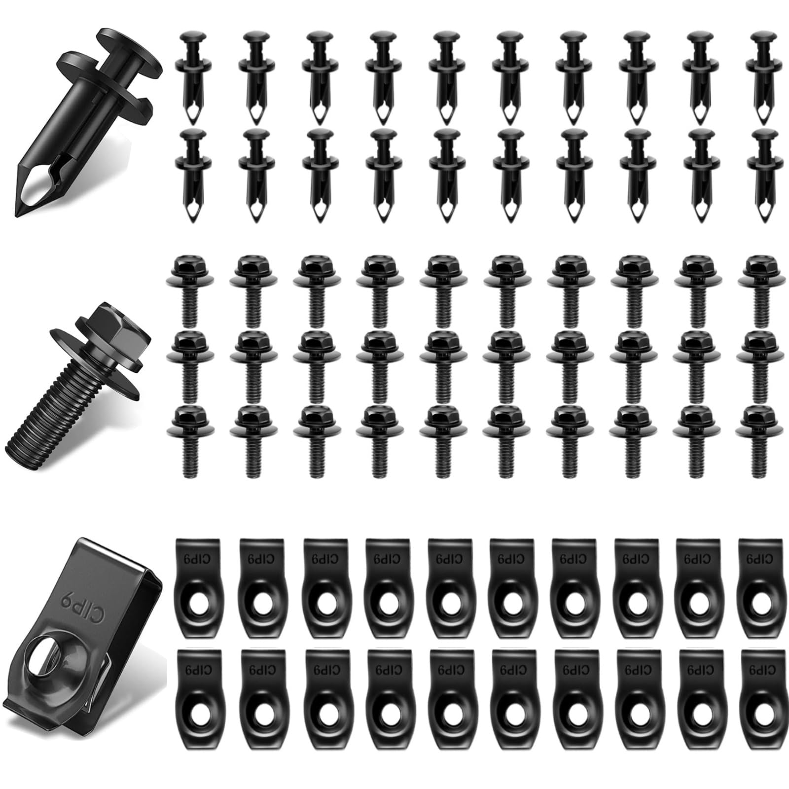 GeRRiT70PCS Engine Under Cover Splash Shield Guard Body Bolts Screws, Fastener Rivet Clips Front Bumper Fender Liner Push Retainer Fastener Rivet Clips U-Nuts Kit, Black