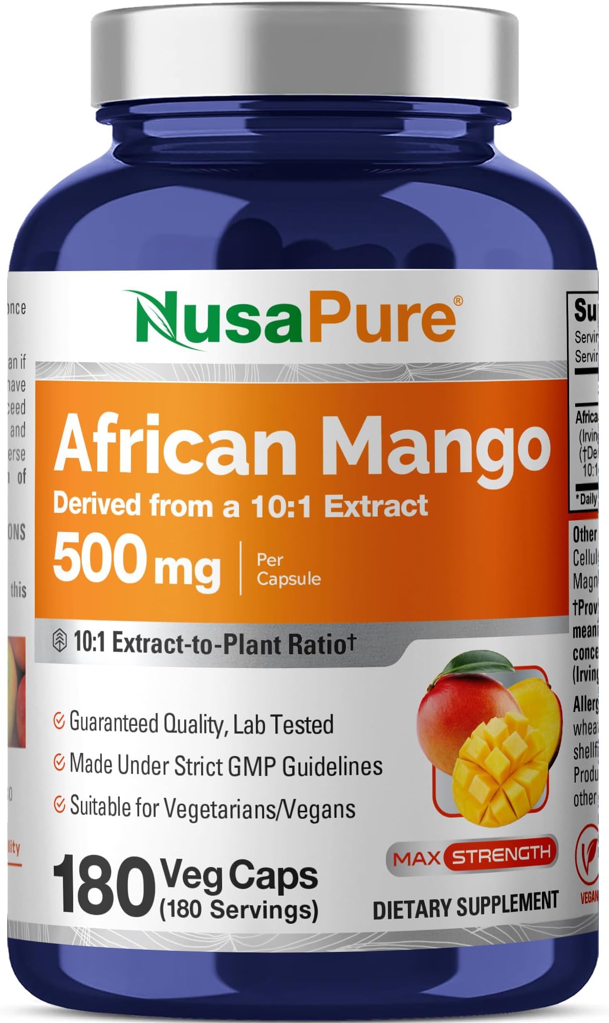 NusaPure African Mango, 500 mg, 180 Veg Capsules (Non-GMO, Vegan)