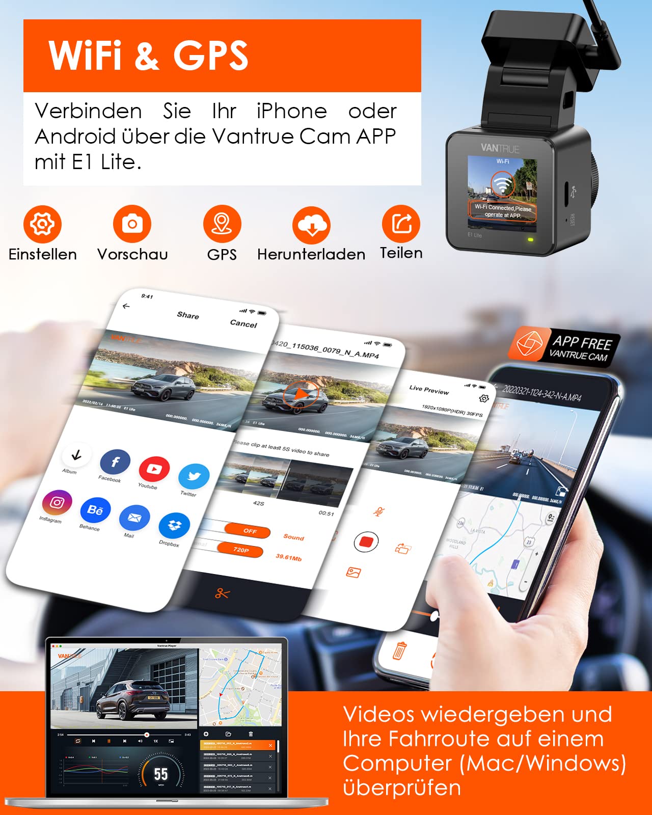 VANTRUE E1 Lite Mini Dash CAM WiFi Frontal 1080P HDR/30fps con Control de Voz, 1.54'' IPS Hidden Dash CAM Car, Visión Nocturna de 160°, Monitoreo de Estacionamiento 24 Horas, GPS, Máximo 512GB