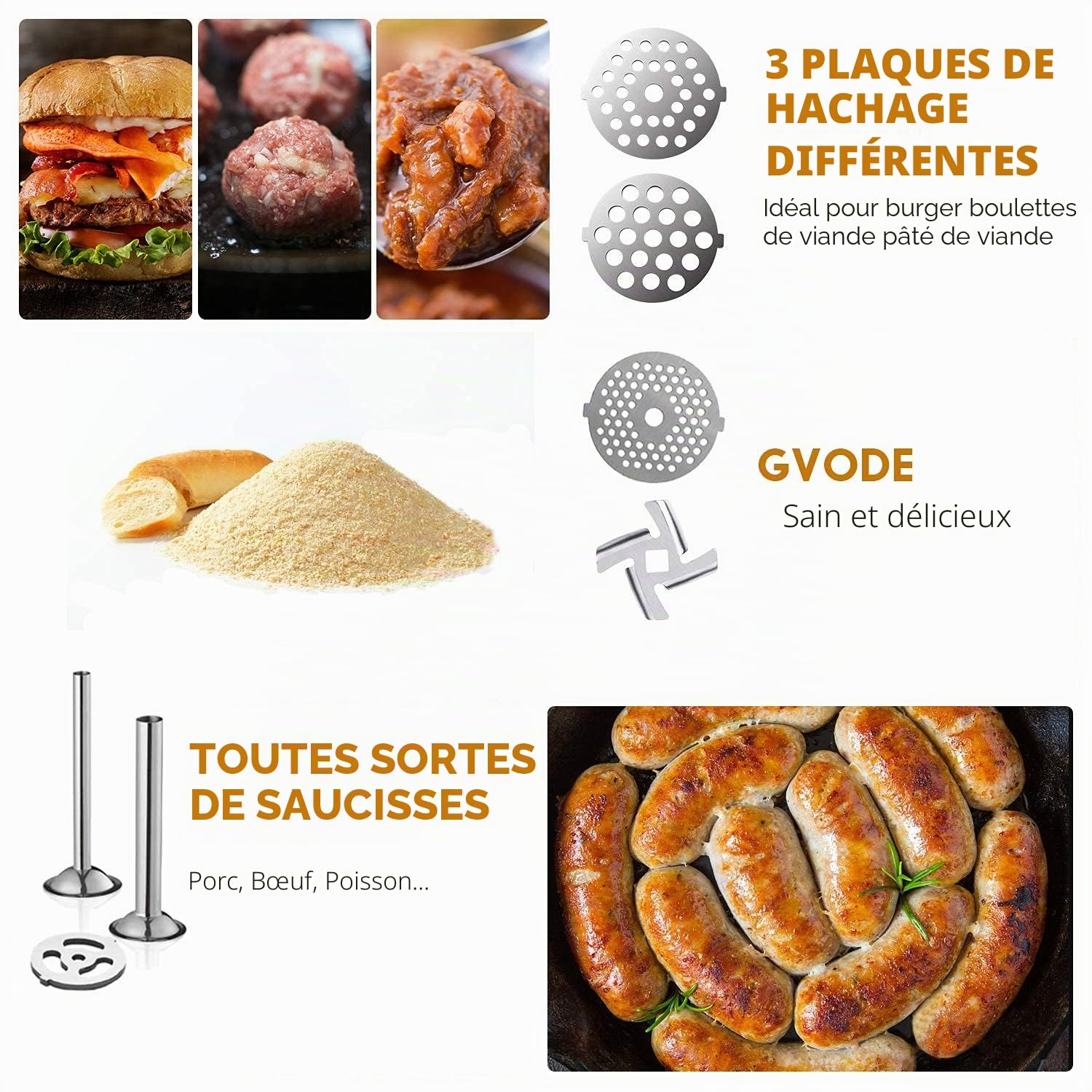 GVODE Acier Inoxydable Hachoir à Viande pour KitchenAid Robot Pâtissier, y Compris le Remplisseur de Saucisses, Parfait Accessoire de Hachage de Viande pour Les Batteurs pour KitchenAid