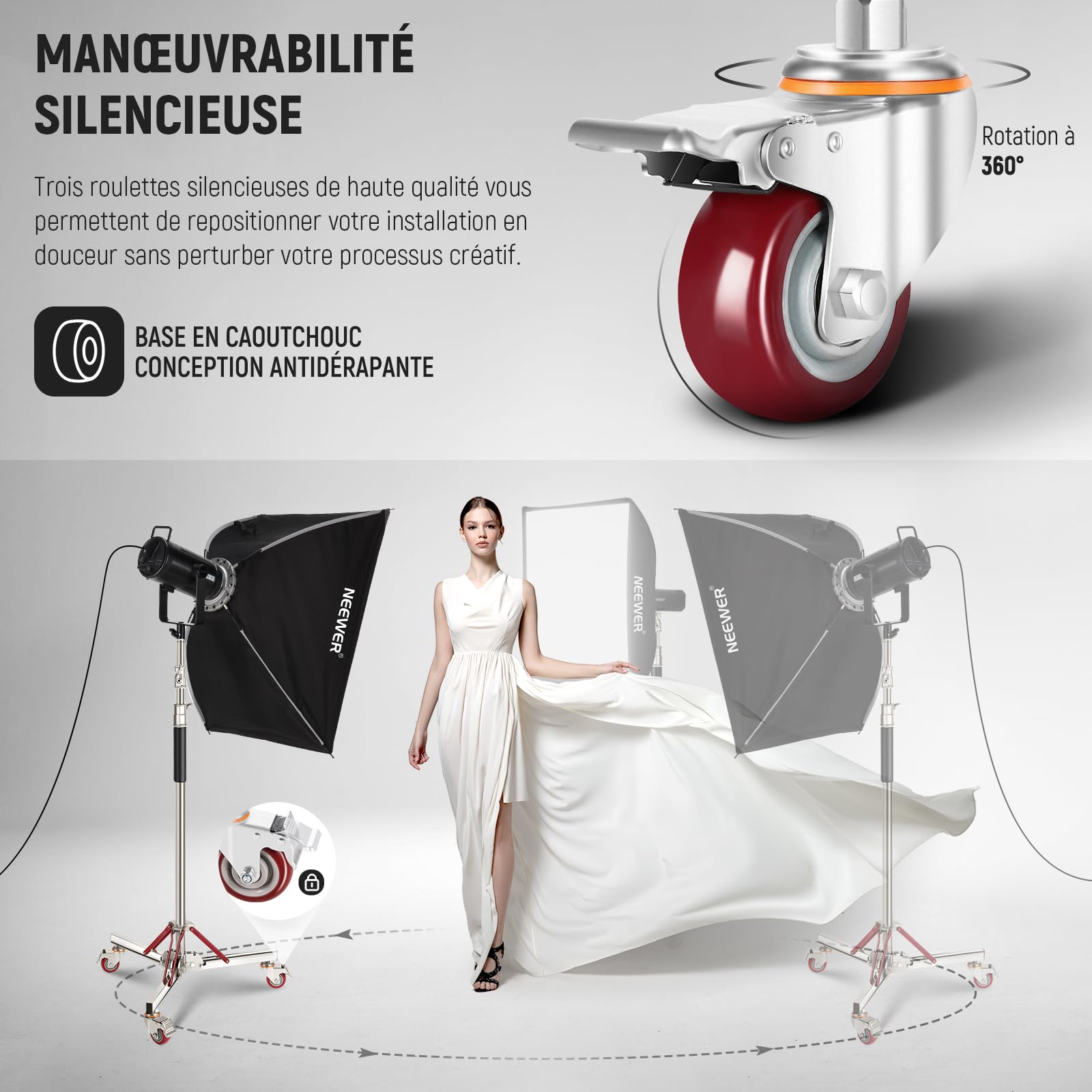 Neewer SC305AW Support d'éclairage Robuste à Coussin d'air avec roulettes, trépied réglable, Support à roulettes en Acier Inoxydable pour Flash de Studio, boîte à lumière, réflecteur monolight