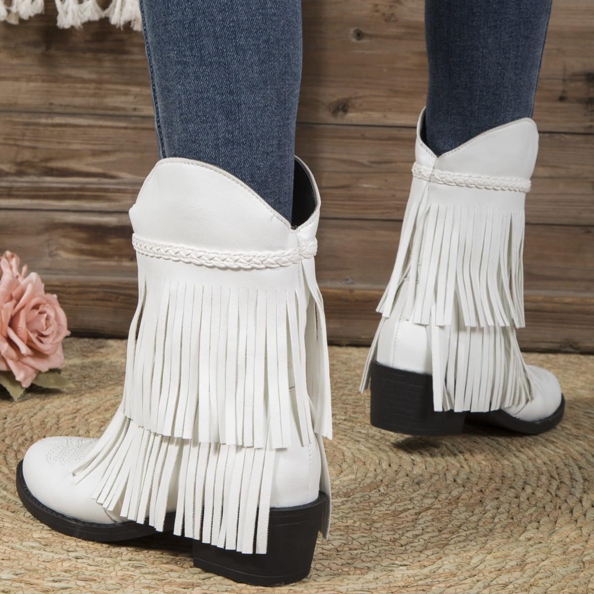 Cowboystiefel aus Leder für Damen mit Quasten, Cowboystiefel mit Fransen, Westernreitstiefel, breite Wadenschuhe, Cowgirl-Schuh, breite Breite, Vintage-Schuhe, bestickt, kurze Stiefel