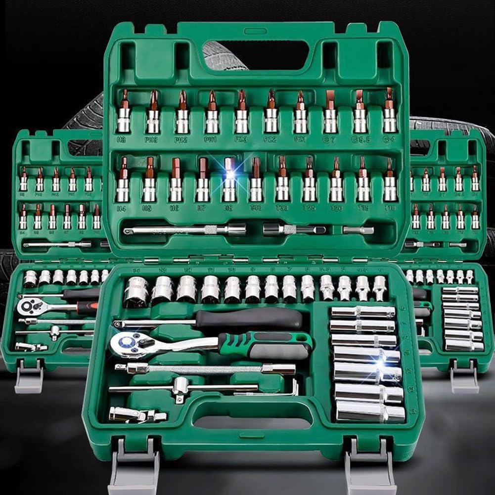 53-Piece 1/4" Drive Socket Set with 72-Tooth Reversible Ratchet, Chrome Vanadium Steel Tools, 4–14mm Sockets & Bit Heads, for Auto Repair and Household Tasks,