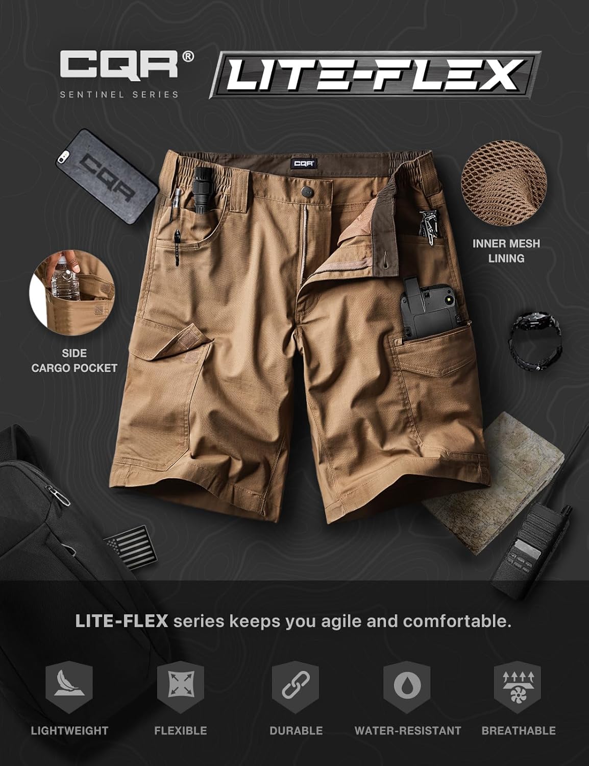 CQR Men's Flex Casual Cargo Shorts, Lightweight Water Resistant Golf Shorts, Stretch Tactical Work Shorts with Multi-Pocket - Image 7