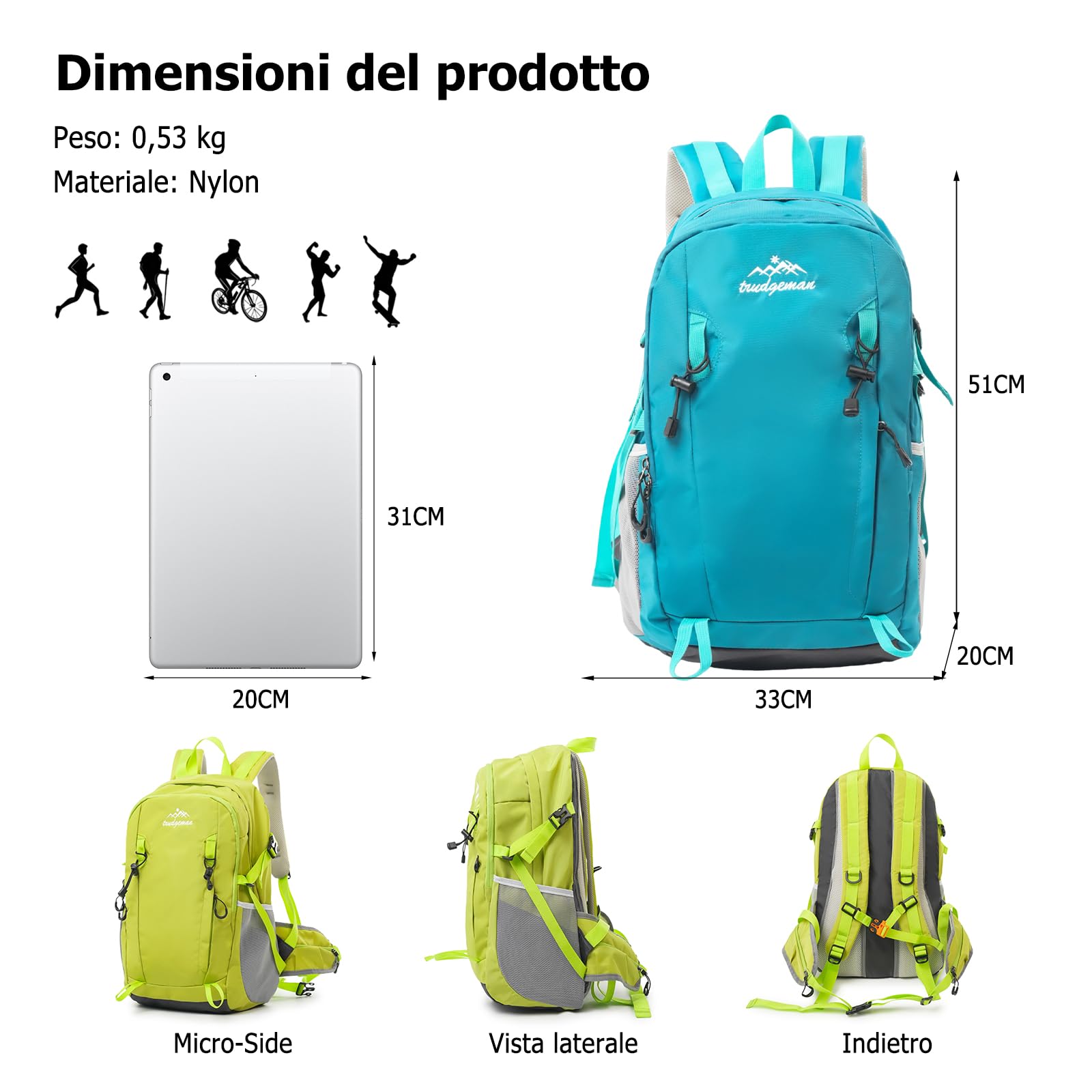 30L Zaino da Escursionismo Zaino Outdoor Impermeabile Zaini con Sistema Dorsale Traspirante per Camping Viaggi Uso Quotidiano Blu