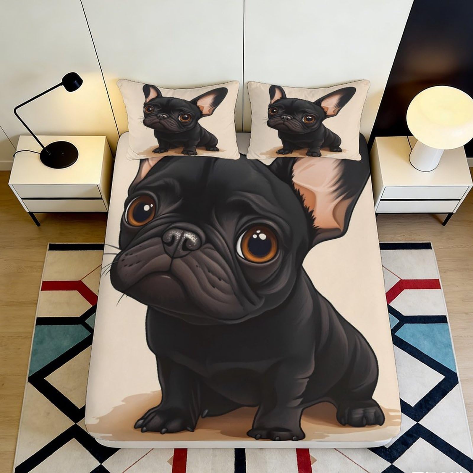 3D Printed Black French Bulldog Fitted Sheet Microfiber Cartoon Dog Mattress Cover Non-slip Easy Care for Bedroom Dorm Decor 90x200x25cm