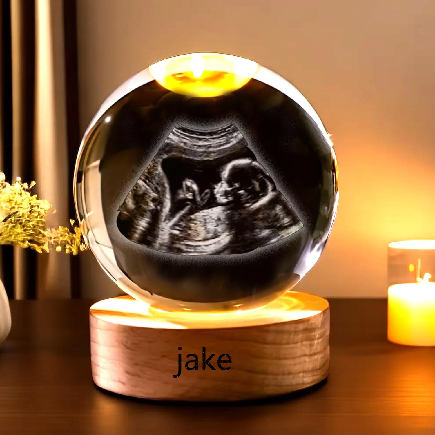 Personalized Crystal Ball Night Light,Customized Photo & Text Decorative Crystal Ball With Light， Custom 2D Announcement Baby Scan Photo Ultrasound Picture Frames For Mom Dad(White Light,6cm .36")