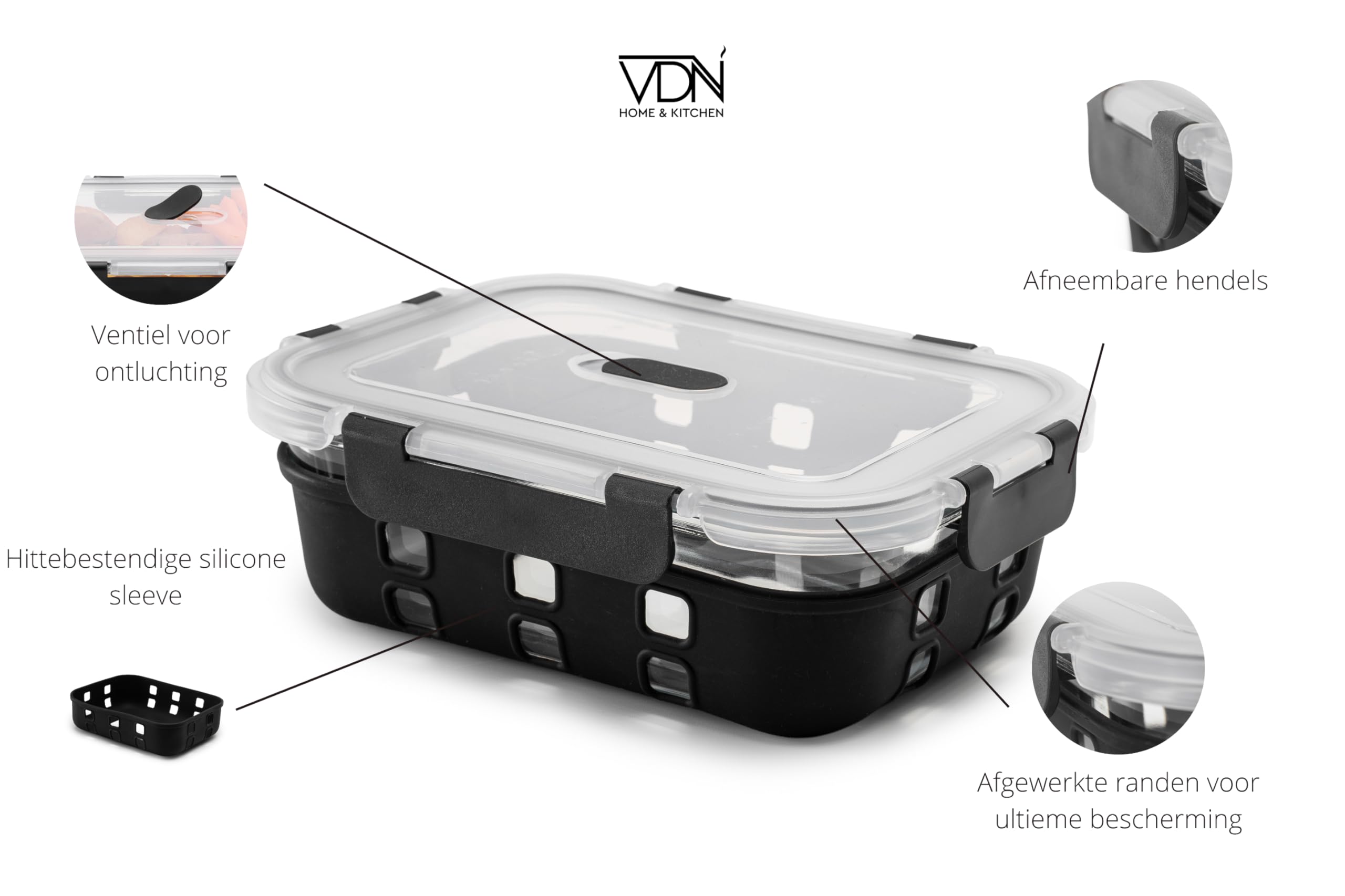 VDN Frischhaltebehälter Glasbehälter - 10 Stück Set - Borosilikatglas mit Silikonhülse - Mahlvorbereitende Behälter - Gefrierbehälter - Mikrowellengeeignet mit Ventil - 5x1040ML & 5x370ML - BPA Frei