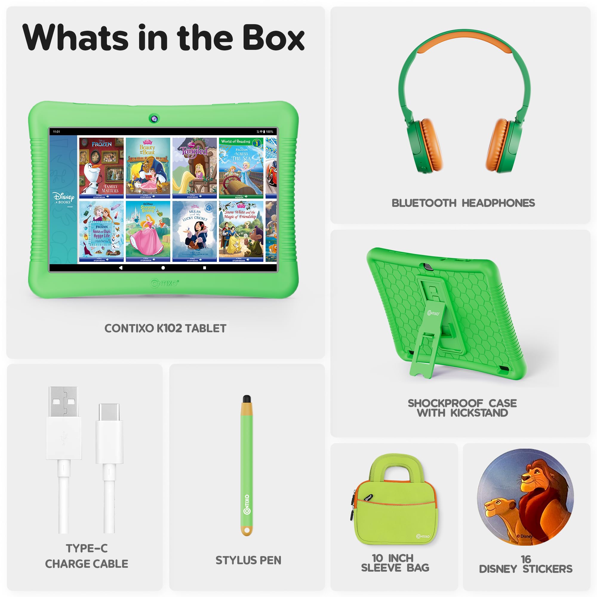 Contixo 10" Android Kids Tablet Bundle - 32GB, 80+ Disney Storybooks ($350 Value), Parental Controls, Kid-Proof Case w/Kickstand & Stylus, Headphones & Sleeve Bag - Green