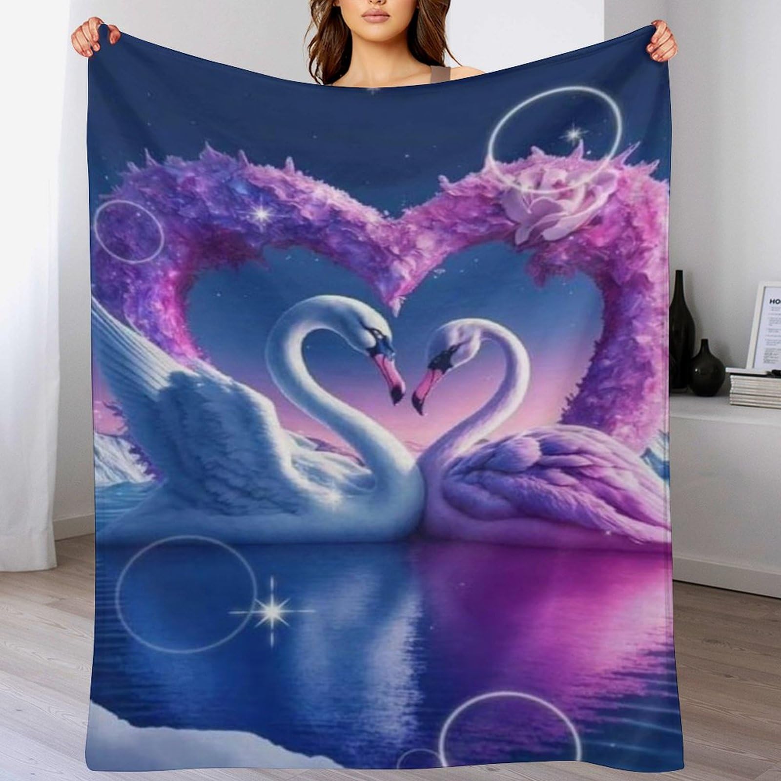 Jeté de lit en flanelle haut de gamme motif cygne 100x130cm pour une douceur incomparable