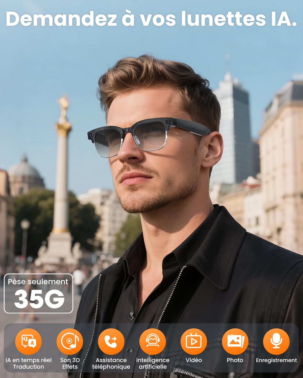 Lunettes intelligentes AI — Caméra 8MP anti-vibration, 290mAh, appel BT, 4K HD (enregistrement vidéo + double mic), IP66, interprétation simultanée/identification GPT (verres anti-lueurs bleues)