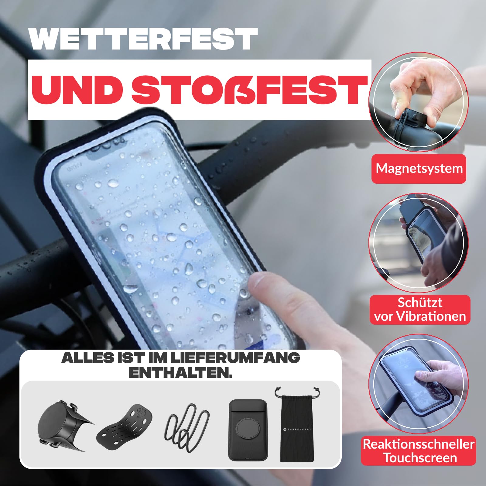Shapeheart Magnetische Fahrrad-Handyhalterung, abnehmbar & Weatherproof | Für alle Handys | Lenker & Vorbau 20–50 mm | 1-Hand-Bedienung | Touchscreen | Dämpft Vibrationen | MTB, E-Bike, E-Scooter