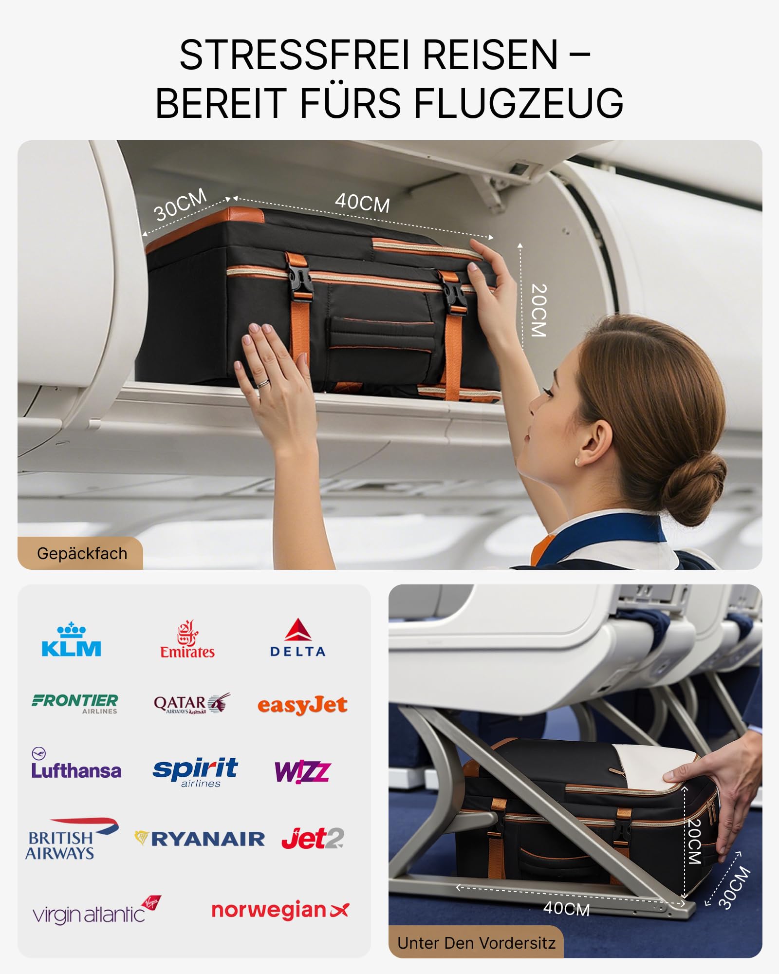 COOLIFE Ryanair Sac à dos de voyage pour homme et femme - 40 x 30 x 20 cm - 24 l - Avec compartiment pour ordinateur portable - Bagage à main pour Wizz Air, Eurowings - Imperméable - Pour voyage court