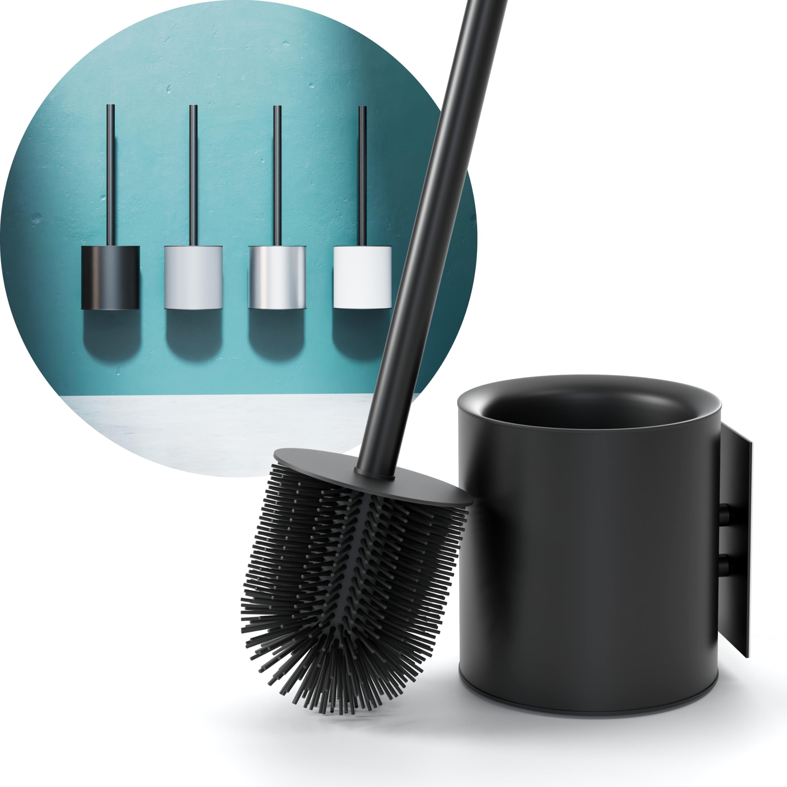 SAVEGA – Silikon Klobürste Wandmontage Schwarz – WC Bürste mit Halter & Deckel – Toilettenbürste pulverbeschichteter Stahl – WC Garnitur zum Kleben – Antibakterielle Toilet Brush