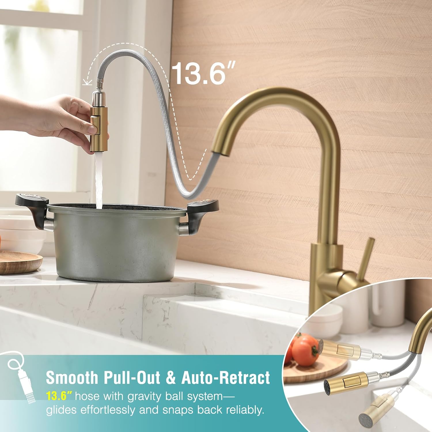 Modern Bar Sink Faucet for Kitchen Sink Single Handle with Pull Out Sprayer Hot and Cold Prep Sink Faucet Brushed Gold - Image 4