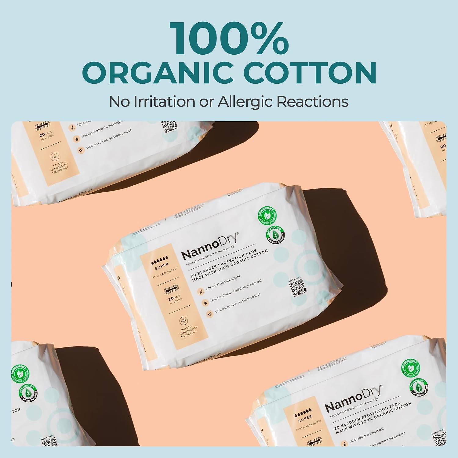 Incontinence Pads for Women - 100% Organic Cotton Postpartum Pads, Pregnancy, Menopause, Bladder Leak Control - High Absorbency, Breathable, Unscented, Unisex - Super (1 Pack, 20 Count)