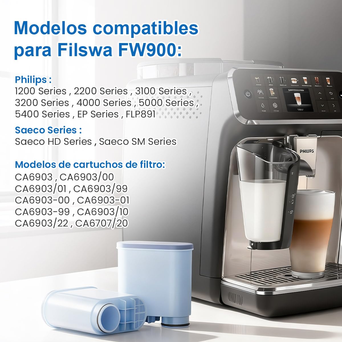 Filswa Filtro de agua para cafetera, repuesto compatible con Philips 3100, Philips 4000, 5000, Saeco AquaClean CA6707 CA6903/00 CA6903/01 CA6903, filtro de cal Aqua Clean (4 unidades)