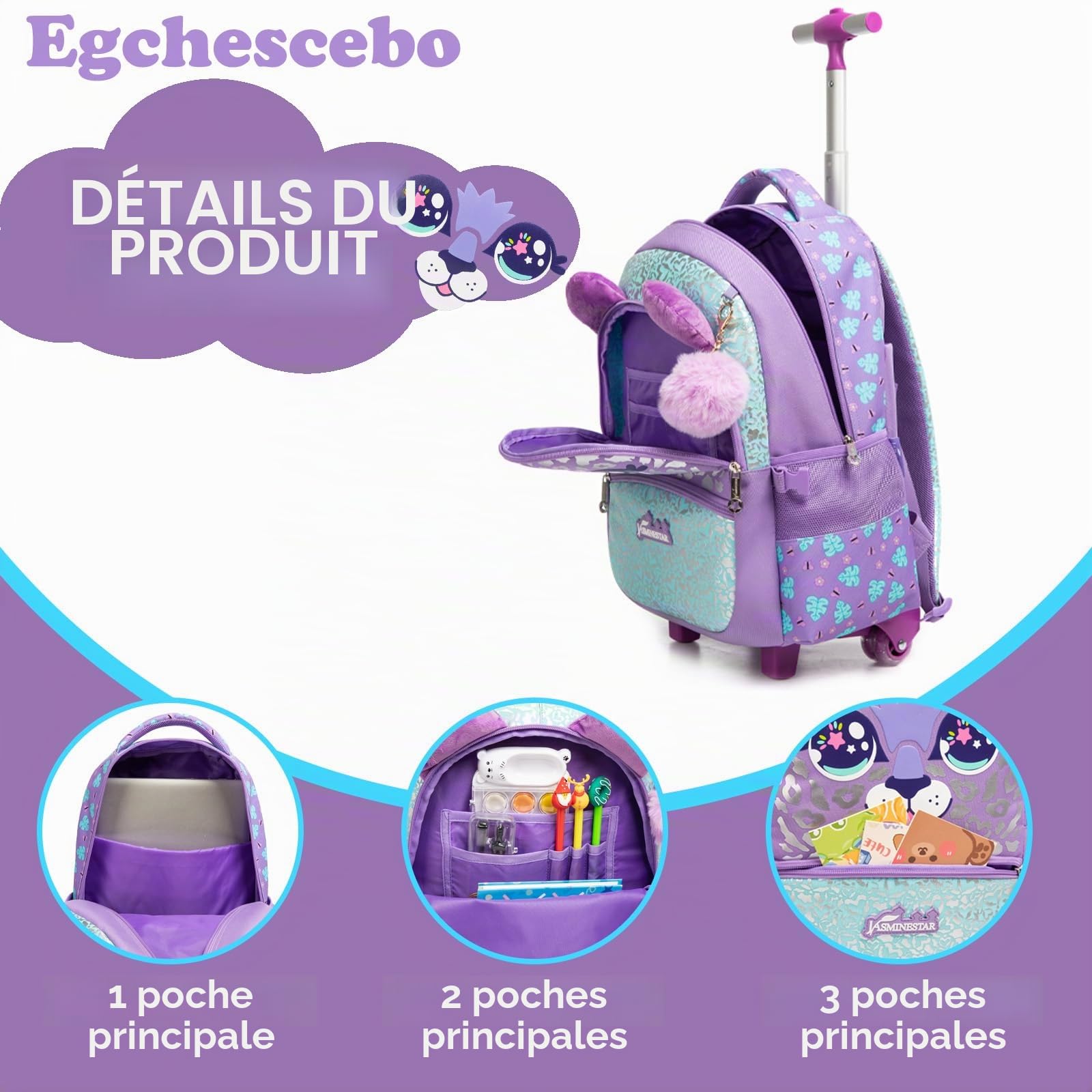 Sac a Dos Animal Enfant Roulette Fille Primaire Valise École Maternelle Sacs à D'école pour Voyage Cabine de Bagages 17" 3PCS Ensemble Grand Cartable Étudiant Simple Violet