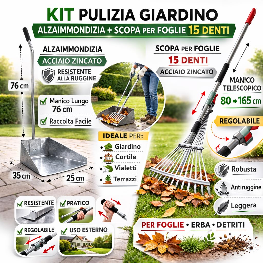 Kit Pulizia Giardino Alzaimmondizia Acciaio Zincato 35x25x76h cm + Scopa per Foglie 15 Denti con Manico Telescopico 80-165 cm, Rastrello Regolabile – LEMAG SRL