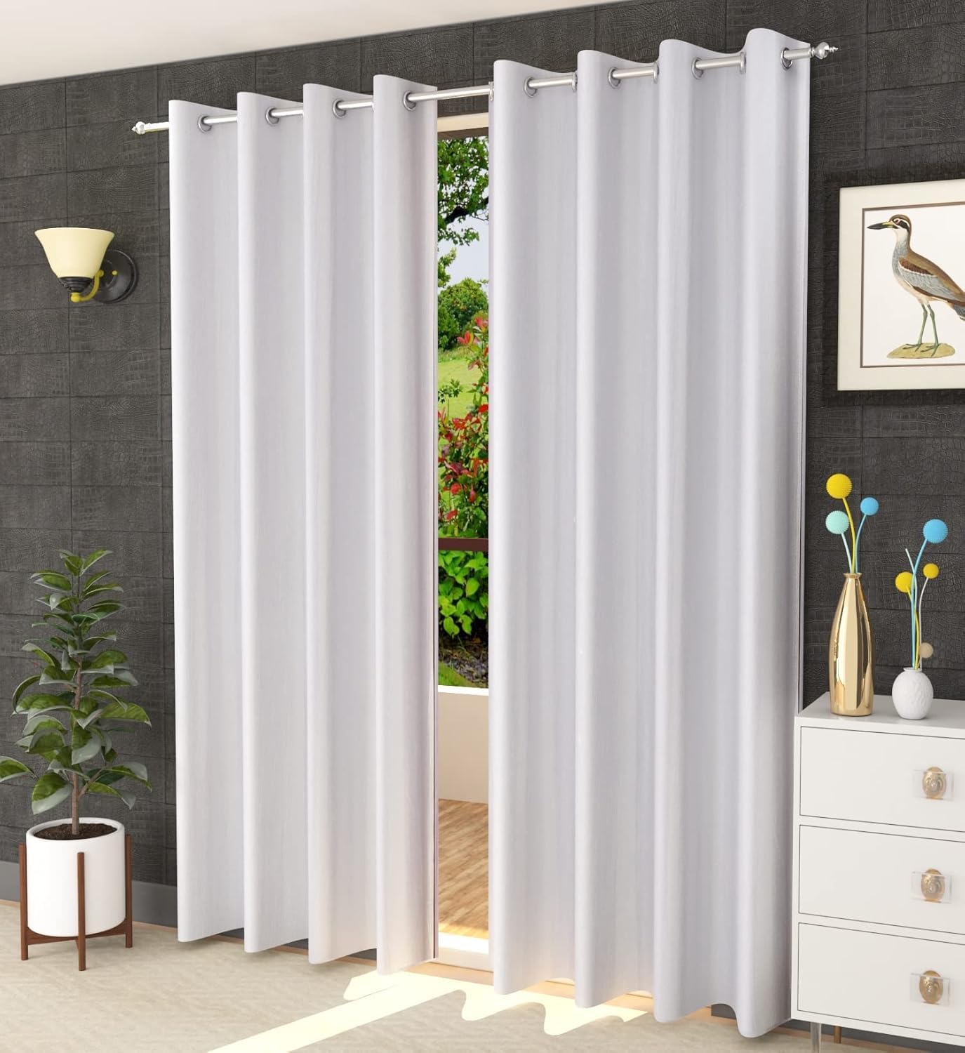 Polyester Solid Plain Curtains for Window, Bedroom, Living Room, 5 feet Long, White, Set of 2
