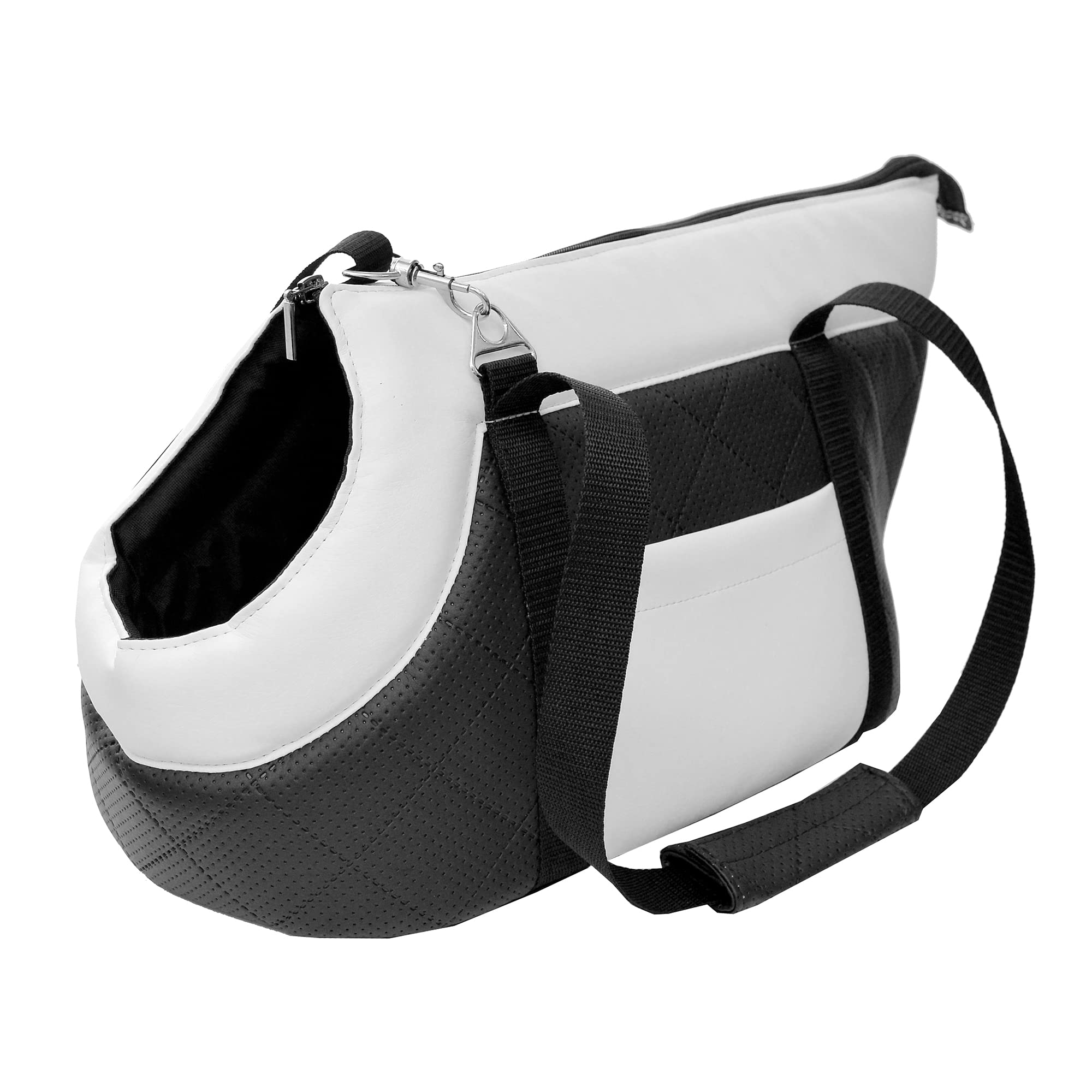Premium Pet Carrier Bag for Dogs & Cats, Faux Leather Shoulder Travel Bag with Elastic Safety Strap and Carabiner, Up to 10 kg, Black-White Metallic, Size M, 40 x 23 x 26 cm — image 1