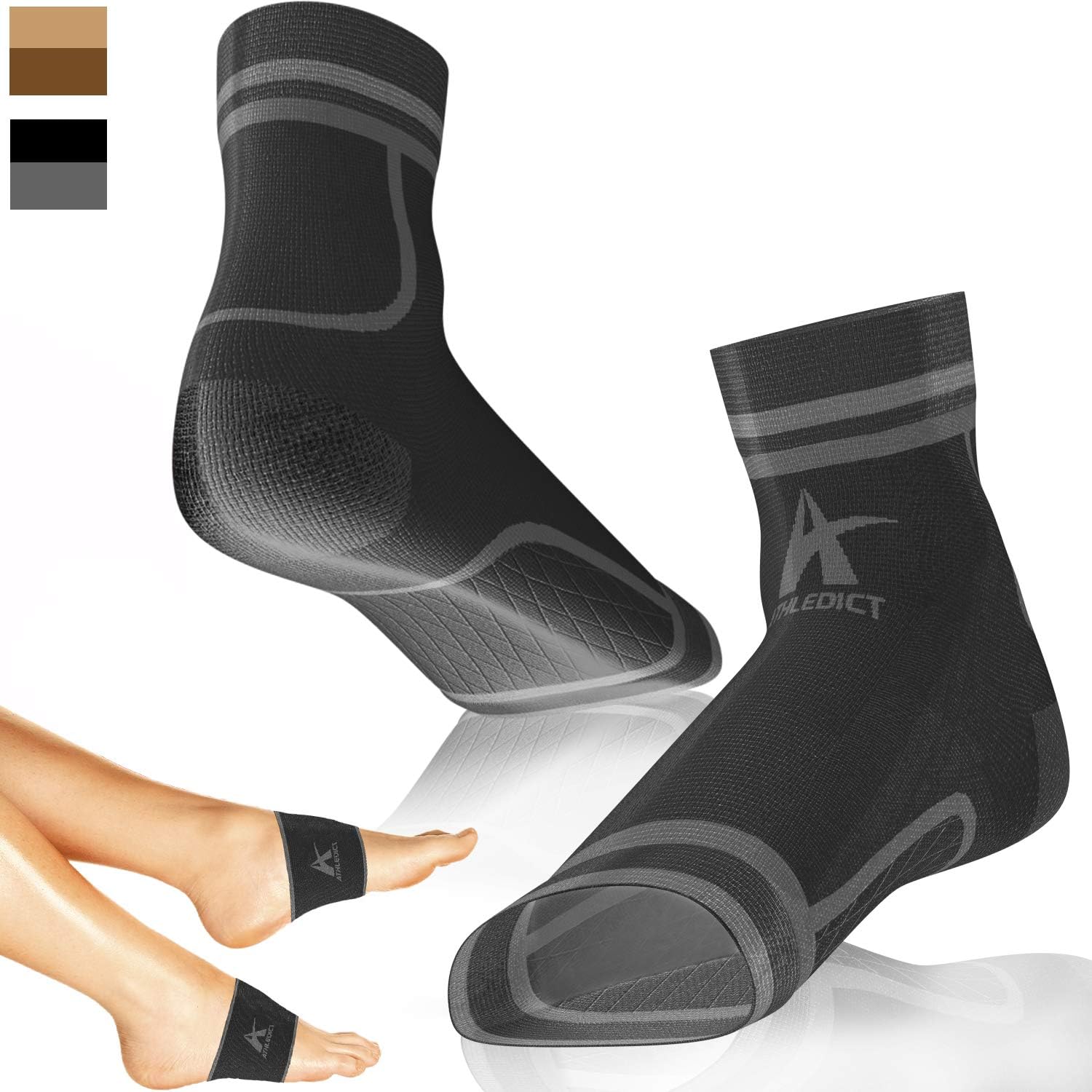 ATHLEDICT Plantar Fasciitis Socks + Arch Support Compression Sleeves for 24/7 Comfort & Pain Relief of Achy Feet, Heel & PF - Better Than Night Splint Brace - for Men & Women (Black, L/XL)