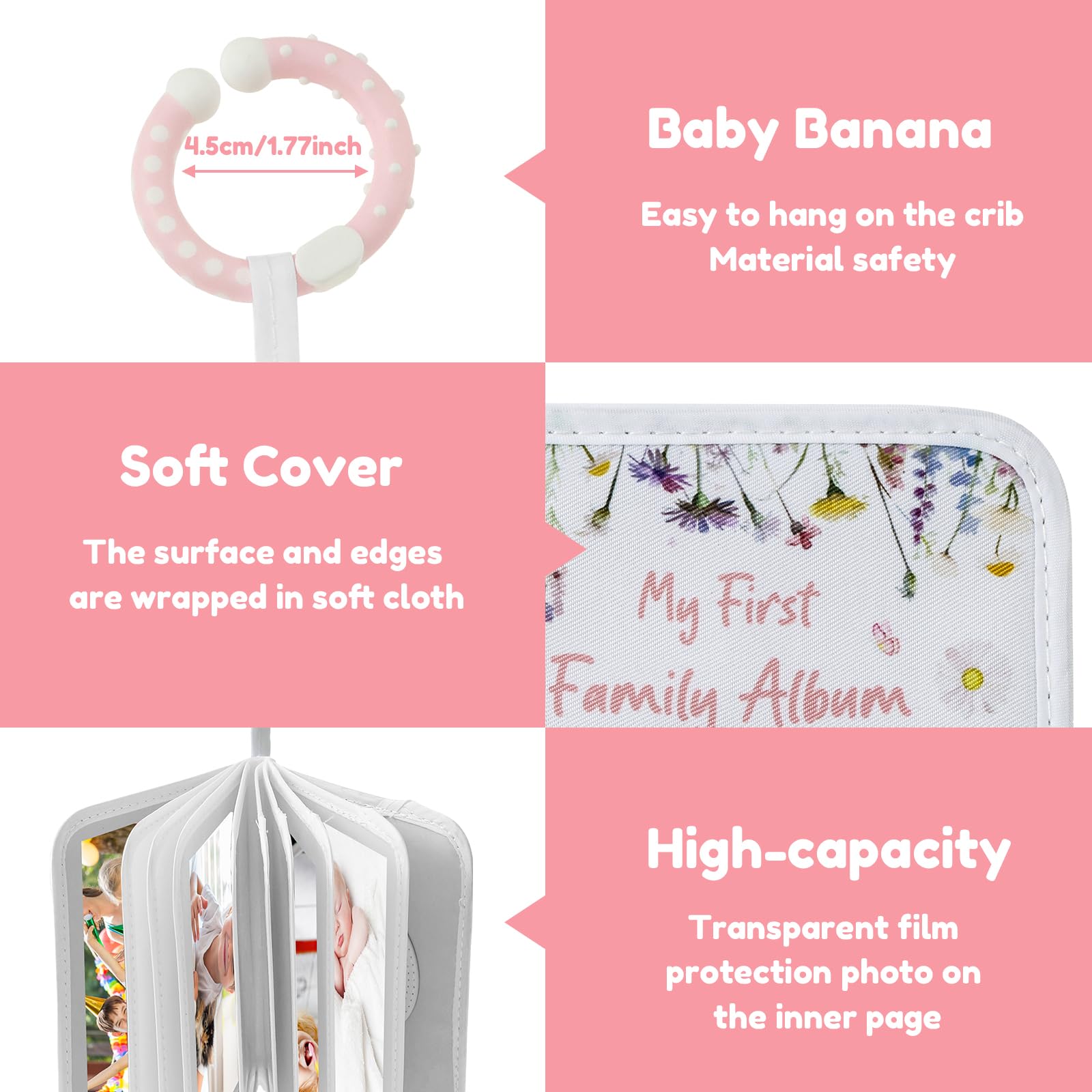 Baby Photo Album Soft Book with Hook Mirror, Babys First Photo Album Hold 17 6x4 Photos Present - Image 3