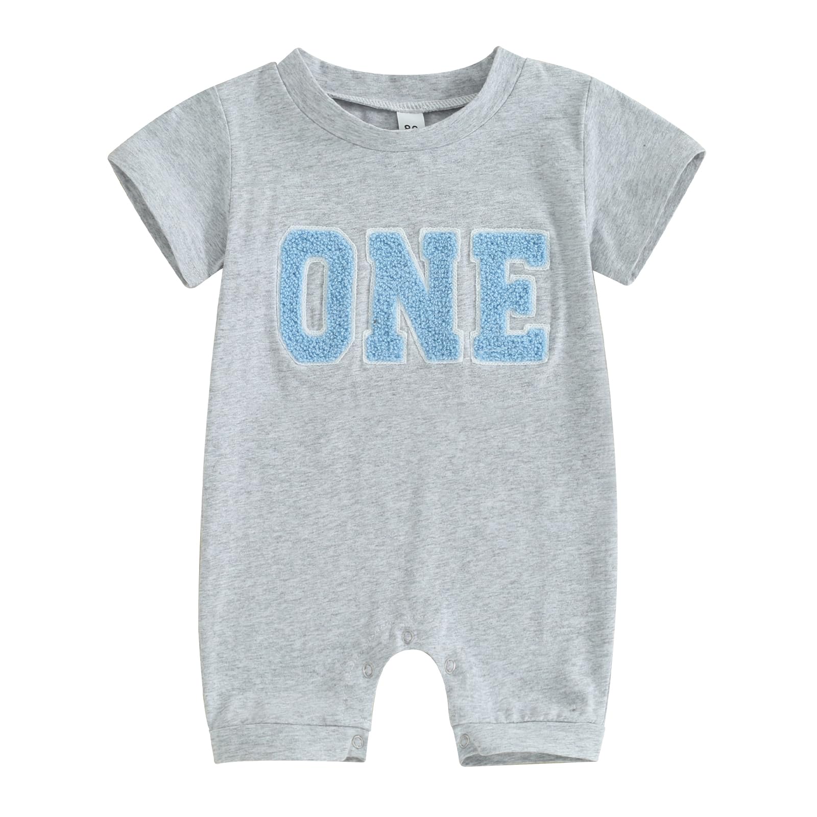 Newborn Baby Girl Boy 1st Birthday Romper Casual Letter One Embroidery Short Sleeve Romper Jumpsuit Shirt for Summer (A Gray, 12-18 Months)