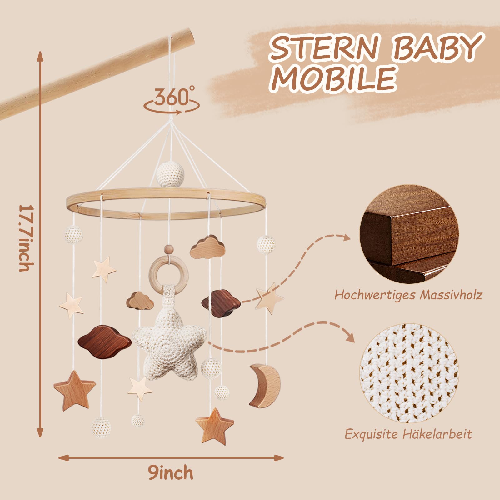 SWECOMZE Mobile Baby Bettglocke mit Sterne Hölz Mädchen Hängende Mobile Windspiel für Babybett Kinderbett