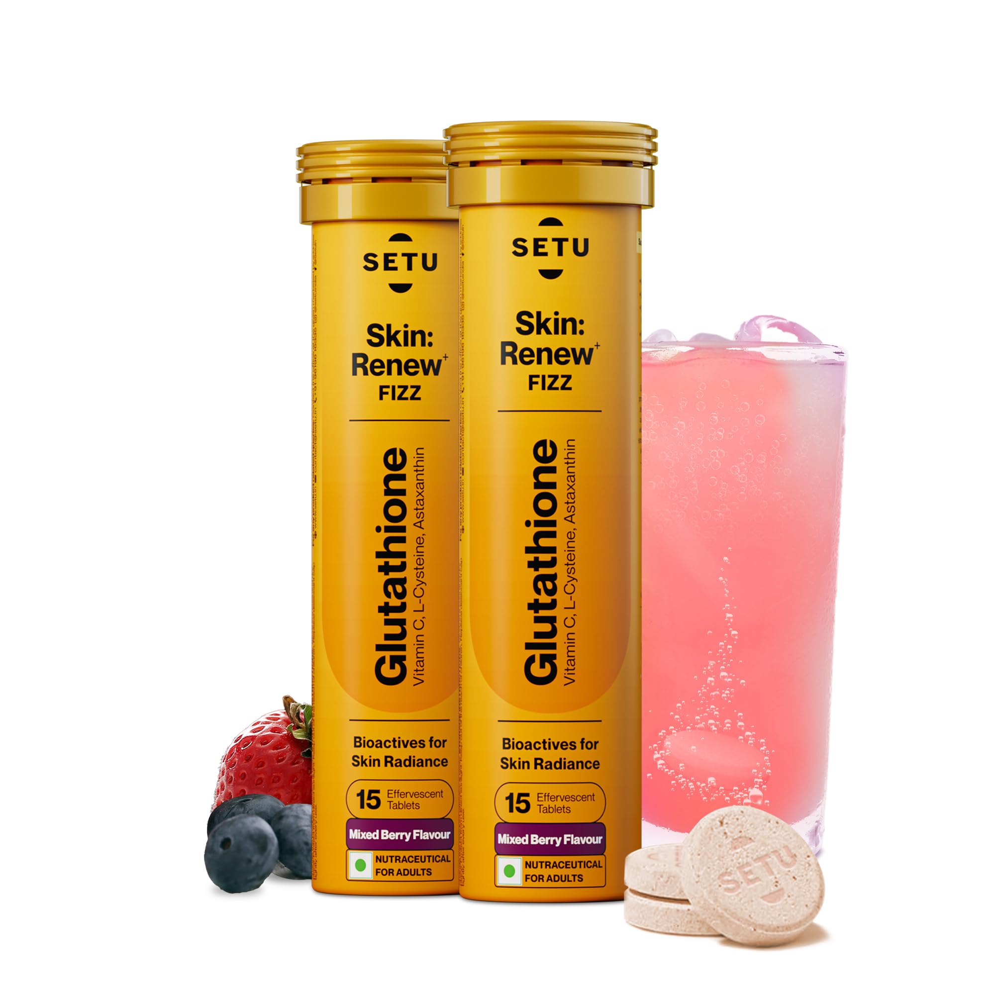 Setu Skin Renew Glutathione Tablets for Glowing Skin | 30 Effervescent Tablets with 500mg L-Glutathione & Vitamin C | Antioxidant & Skin Glow Supplement for Clear Skin | Mixed Berry (Pack of 2)